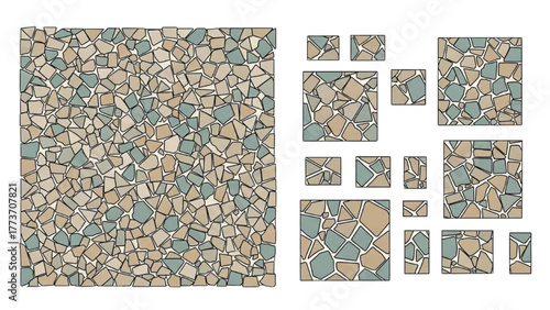Seamless pattern and tile set collection with terrazzo style stone fragments for background design