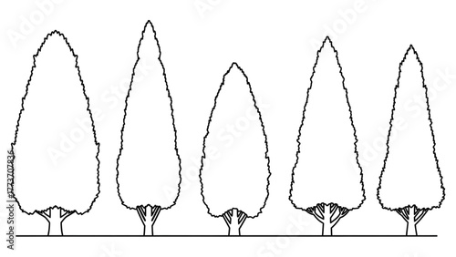 Collection of five outline tree icons, a graphic design element for landscaping