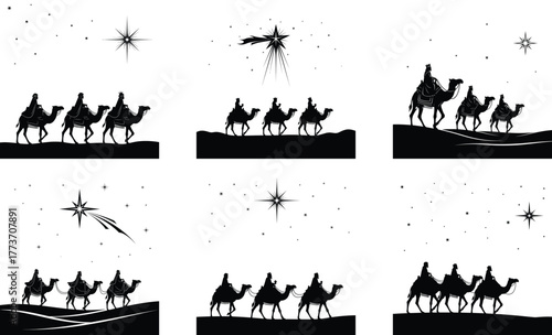 Three Wise Men Silhouette Following Star of Bethlehem | Christmas Nativity Vector Illustration | Holy Night Camel Scene Black and White Clipart