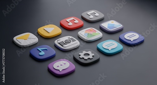 Colorful 3D Rendered Mobile Application Icons on Gray Surface Representing Multimedia, Communication, and Settings Functionality for Modern Devices.