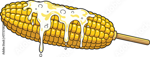 Cartoon corn on cob with melted butter, grilled food vector illustration, tasty snack artwork, delicious barbecue vegetable design for kitchen