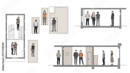 Architectural Renderings Showcasing Interior Spaces With Diverse Human Figures