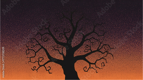 Silhouette of a bare tree against a gradient twilight sky with subtle texture