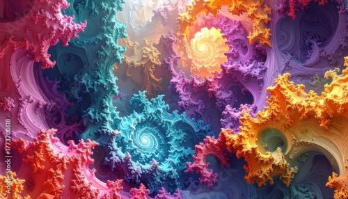 Vivid, swirling fractal formations present a complex, multi-hued landscape featuring detailed, textured 