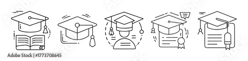 Graduation achievement icons set educational line art.