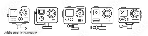 Five action cameras line icon set technology illustration