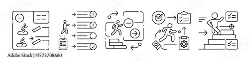 Workflow and business process management line icons set