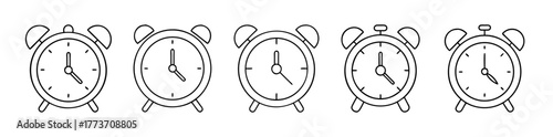 Outline icons of five classic alarm clocks vector set