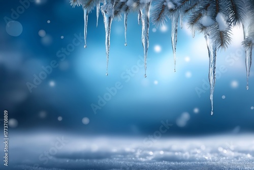 Close-up of icicles hanging from evergreen branches, creating a frozen border at the top of the frame, with a blurred winter background and soft bokeh effects