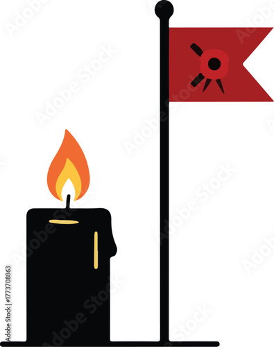 A lit black candle stands beside a flagpole with a red flag featuring a poppy emblem.