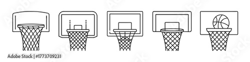 Basketball hoop backboard net outline vector icons set