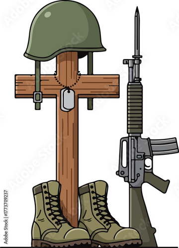 A battlefield cross memorial for a fallen soldier, featuring a rifle, helmet, combat boots, and dog tags.