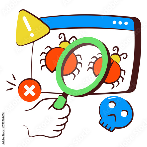 Virus under magnifying glass, debugging icon