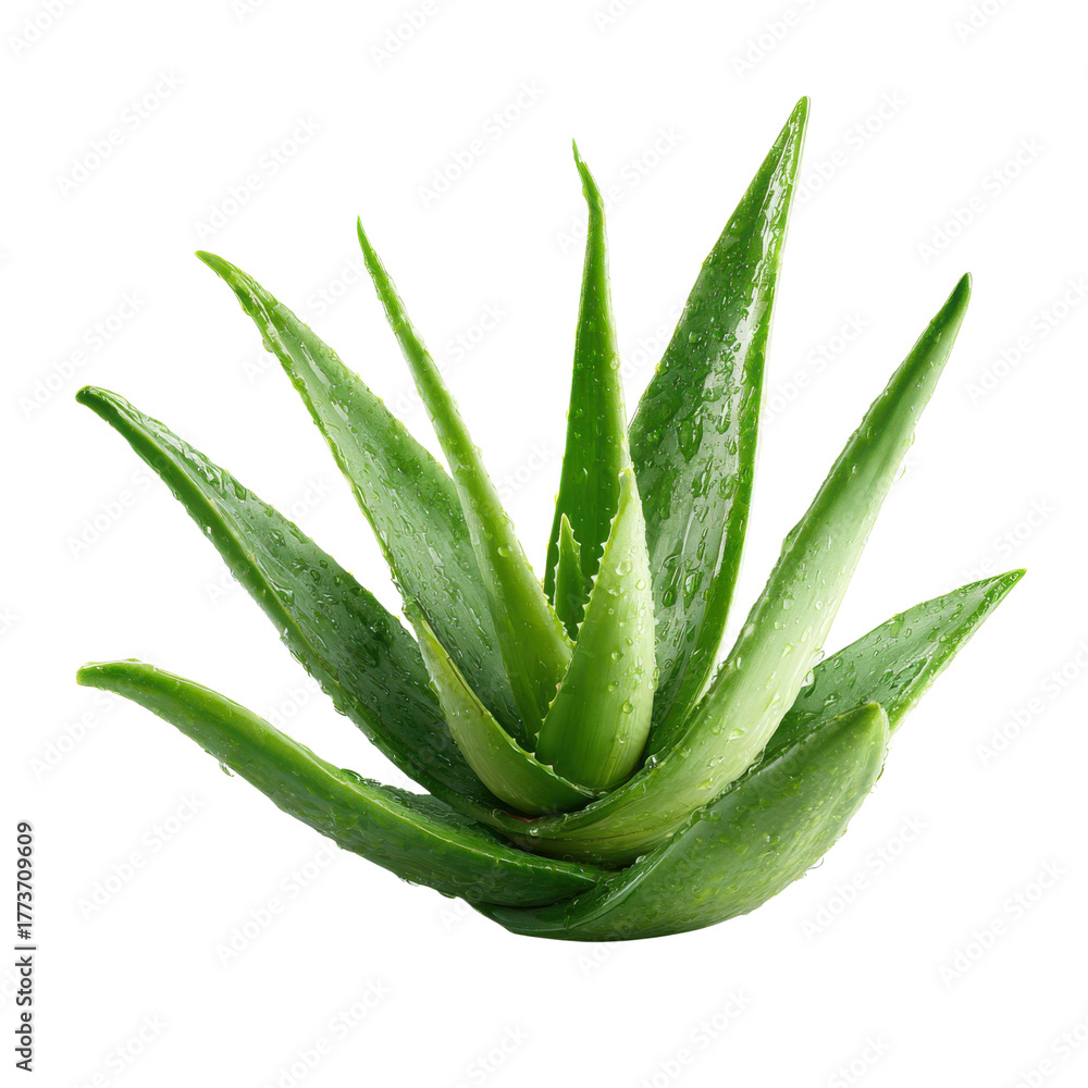 Fototapeta premium Fresh green aloe vera plant with water droplets on black background image, Cut Out, Isolated On White Background, Png Transparent