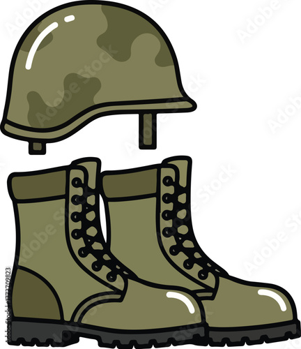 Illustration of a green camouflage military helmet and a pair of matching combat boots, representing army gear and soldier attire.