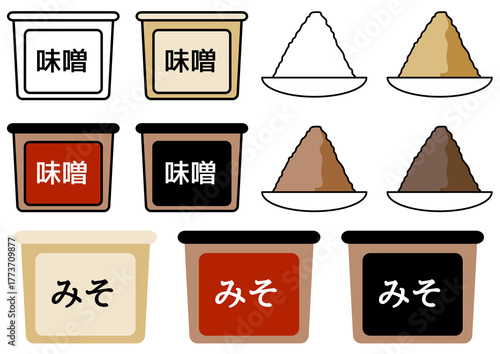 和食・日本の調味料・白味噌・赤味噌など色違いの味噌容器・種類豊富な味噌パッケージと盛り付けのアイコン