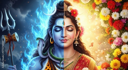 Ardhanarishvara, a composite androgynous form of the hindu deity shiva and his consort parvati
