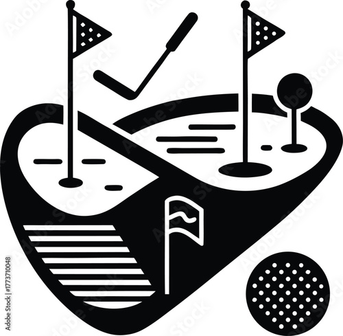 Miniature golf course with flags, putter, and ball