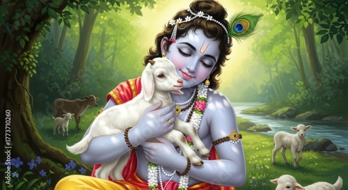 Lord krishna tenderly holding a lamb in a lush green forest