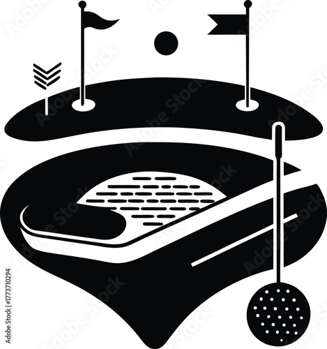 Stylized golf course with flags and putter sport green