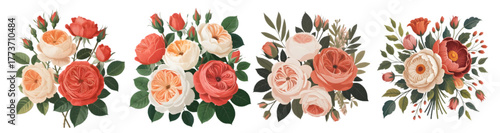 Four bouquets of roses with varying shades of red and white with green leaves on a black background