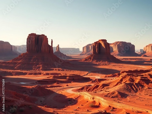Dramatic red earth and towering rock formations create a stark, beautiful desert scene,  formations, desert