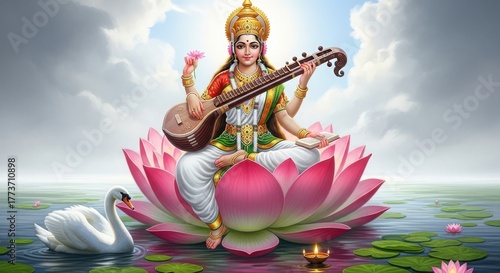 Hindu goddess of wisdom and music seated on a beautiful pink lotus