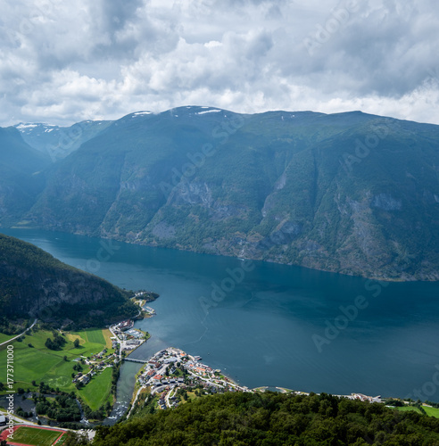 Aerial view of Aurlandsfjord, a branch of the Sognefjord, Norway's longest fjord. Norway