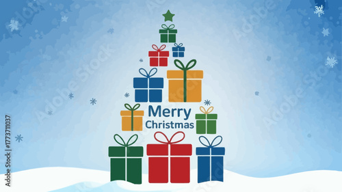 Festive christmas tree shape formed by colorful gift boxes and presents against a snowy winter background with falling snowflakes