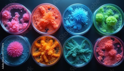 Colorful bacteria colonies grow in petri dishes under lab lights. Diverse microorganisms form vibrant patterns on nutrient agar plates. Research in biology, medicine, and chemistry.