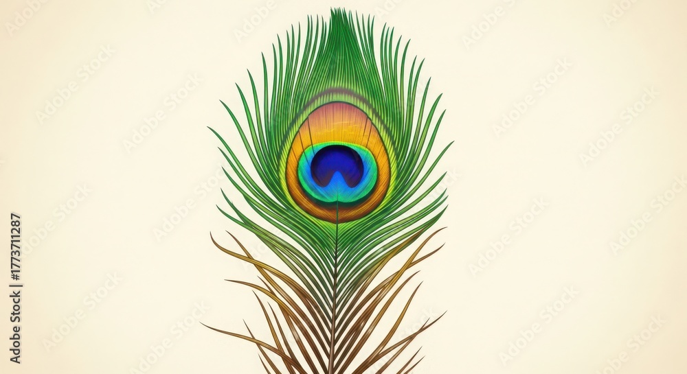 Obraz premium A single, vibrant peacock feather with its distinctive eye pattern