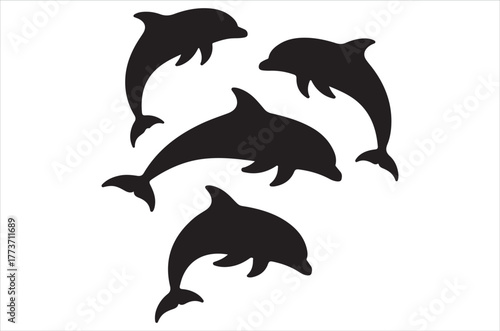 Silhouetted dolphins leaping and swimming in a minimalist aquatic scene