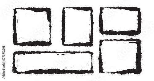 Grunge textured rectangular and square frames set. Hand drawn ink stamp style borders with rough edges and splatter effect. Vector black frames for text boxes, layouts or design backgrounds