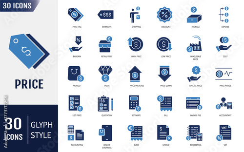 Price solid icon set. Containing icons: product, price tag, cost, quotation, invoice, estimate, discount and more. Vector illustration