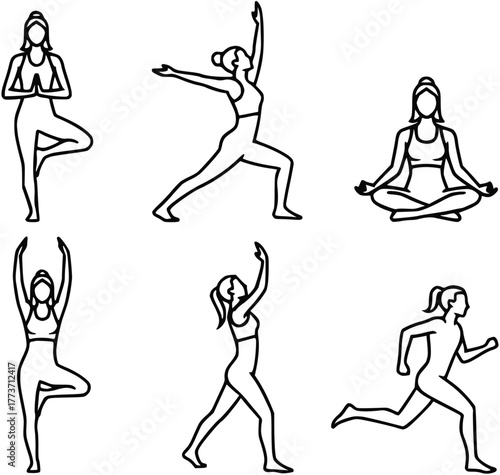 Diverse Collection of Female Yoga and Fitness Outline Icons, Illustrating Women Engaging in Various Exercises and Mindful Practices for Health and Wellbeing