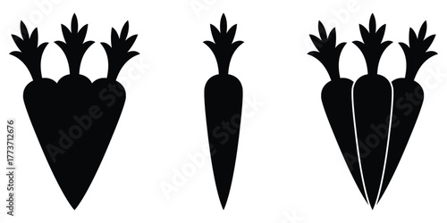 Black Carrot Silhouette Icon Set – Stylized Root Vegetable Vector for Healthy Food, Logo, and Minimal Design