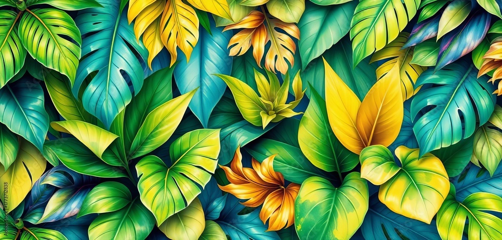 custom made wallpaper toronto digitalVibrant watercolor painting of lush tropical leaves, various greens and yellows,  tropical,  green