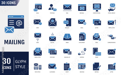 Mailing icon set. Containing icons: mail, email, mailbox, letter, send, receive, post office and envelope and more. Vector illustration