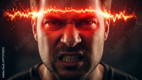 Man's face contorted in anger with bright, fiery energy emanating across the forehead