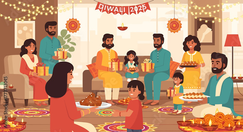 Celebrating Diwali Together A Joyful Gathering of Family and Friends with Gifts and Festive Decorations