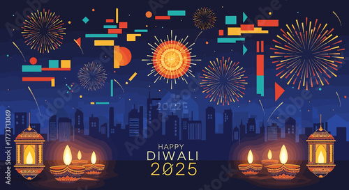 Happy Diwali 2025 A Festive Night of Fireworks and Lights Over a City Skyline