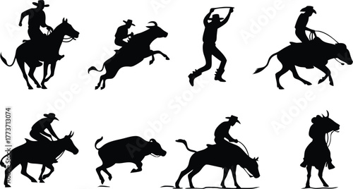 Dynamic rodeo silhouettes showcasing cowboy skills and bull riding action, perfect for western themed designs and event promotions, originally vector art