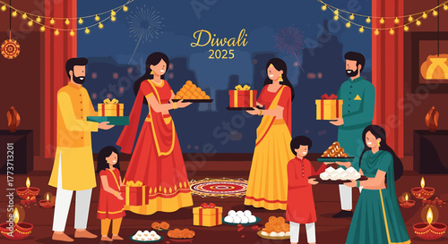 Joyful Indian Family Celebrating a Traditional Festival of Lights, Exchanging Gifts and Sweets, Surrounded by Festive Diyas and Home Decorations at Night