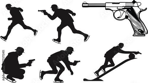 Dynamic biathlon icons with pistol and athlete silhouettes, originally vector art for sports, competition, and winter games themed designs