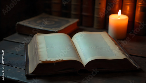 Wallpaper Mural Open book with blank pages illuminated by a candle on a wooden surface indoors 4k and hd image Torontodigital.ca