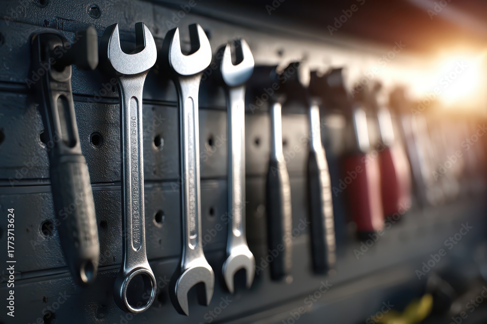 Fototapeta premium Gleaming wrenches and hand tools on a dark pegboard, workshop light.