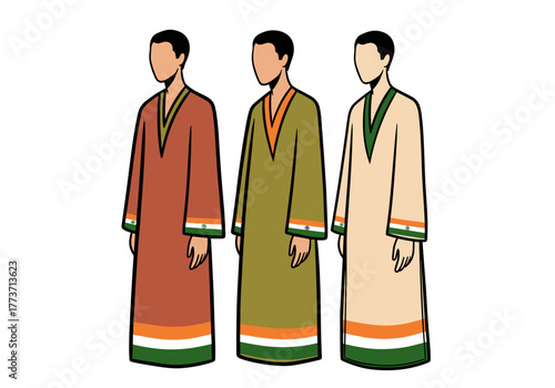 Three male figures wearing traditional robes in different colors  