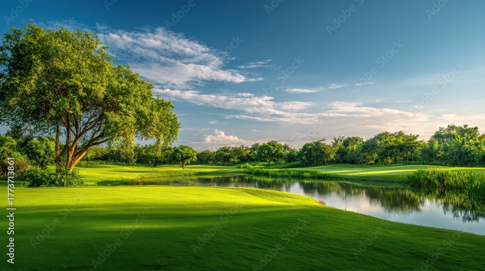 Obraz premium Lush green golf course landscape with serene water and blue sky in late afternoon sunlight