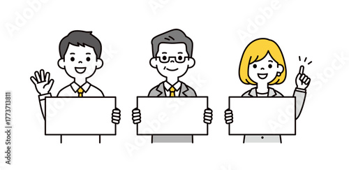 ボードを持って紹介する、年配の社長と男女のビジネスマンの上半身ベクターイラスト素材セット
