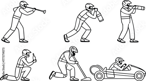 Driver cartoon character performing diverse activities, from playing horn to vacuuming, embodying fun and versatility in various scenarios, originally vector